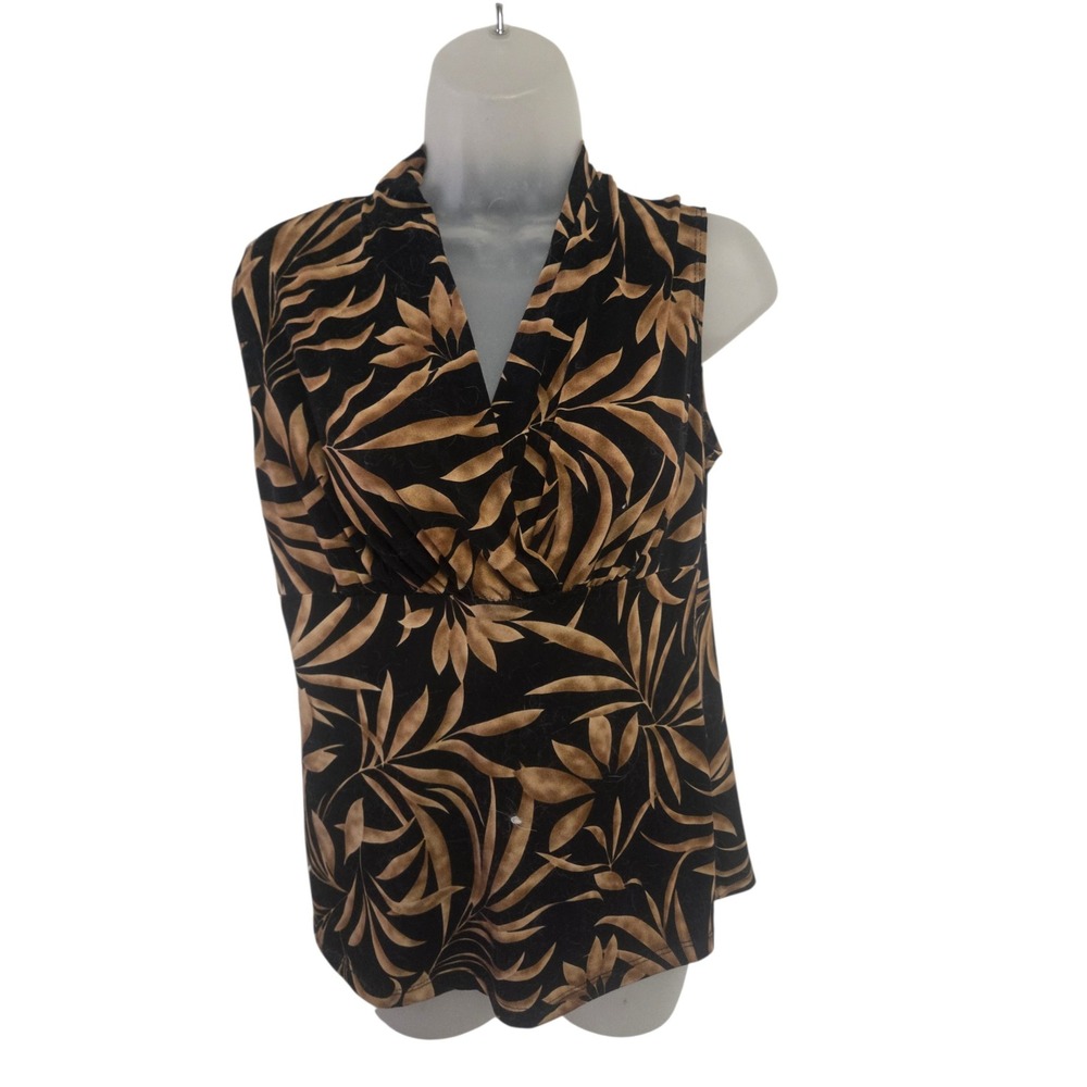 JKLA California Womens Tropical Palm Leaf Print Sleeveless V-Neck Top Tan Black